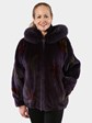 Woman's Purple Sheared Mink Fur Jacket with Detachable Hood
