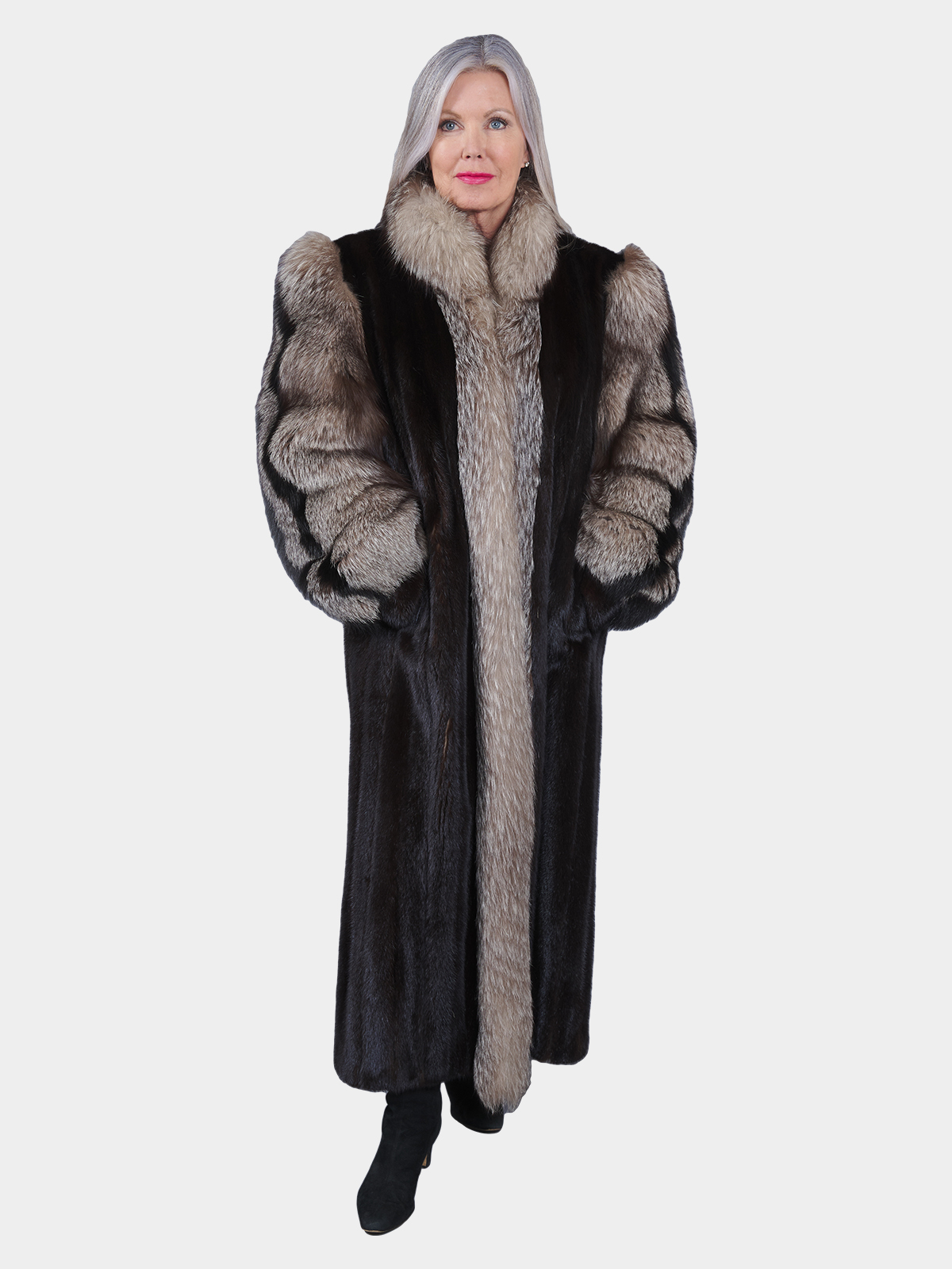 Woman's Ranch Mink Fur Coat with Indigo Fox Sleeves and Tuxedo Front