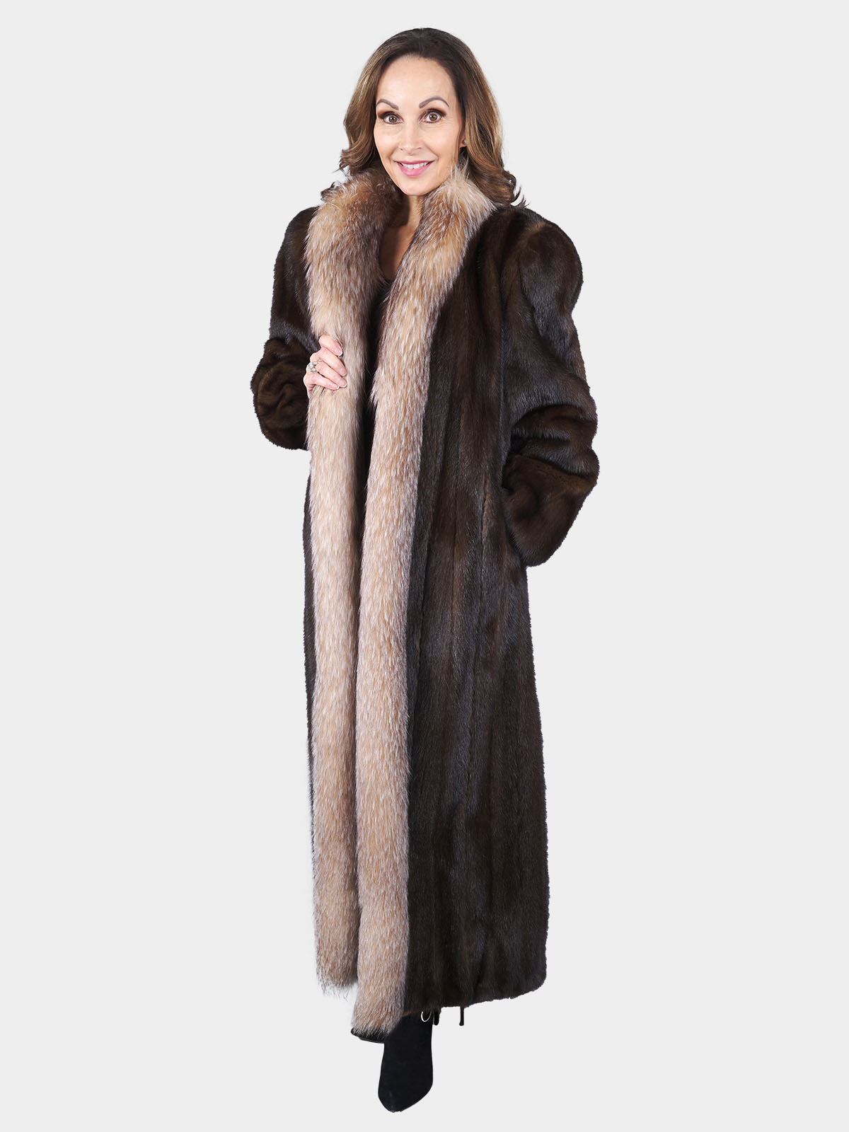 Woman's Mahogany Mink Fur Coat with Crystal Fox