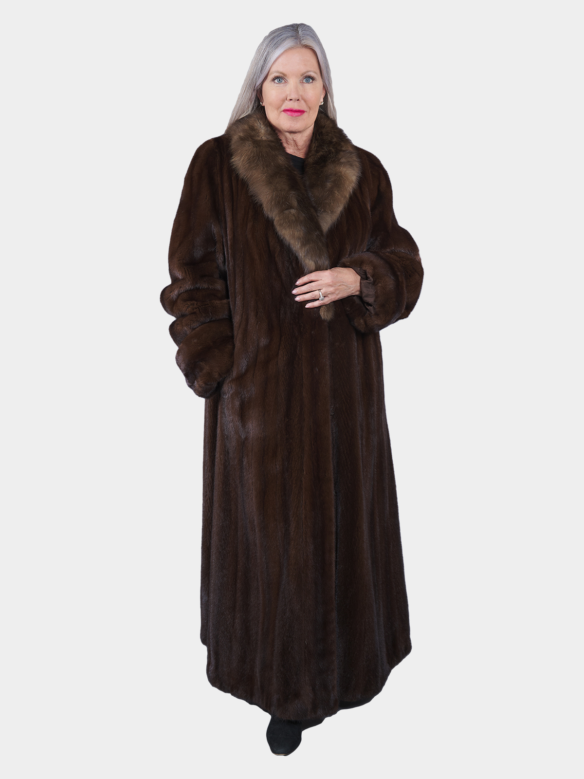 Woman's Mahogany Female Mink Fur Coat with Sable Collar