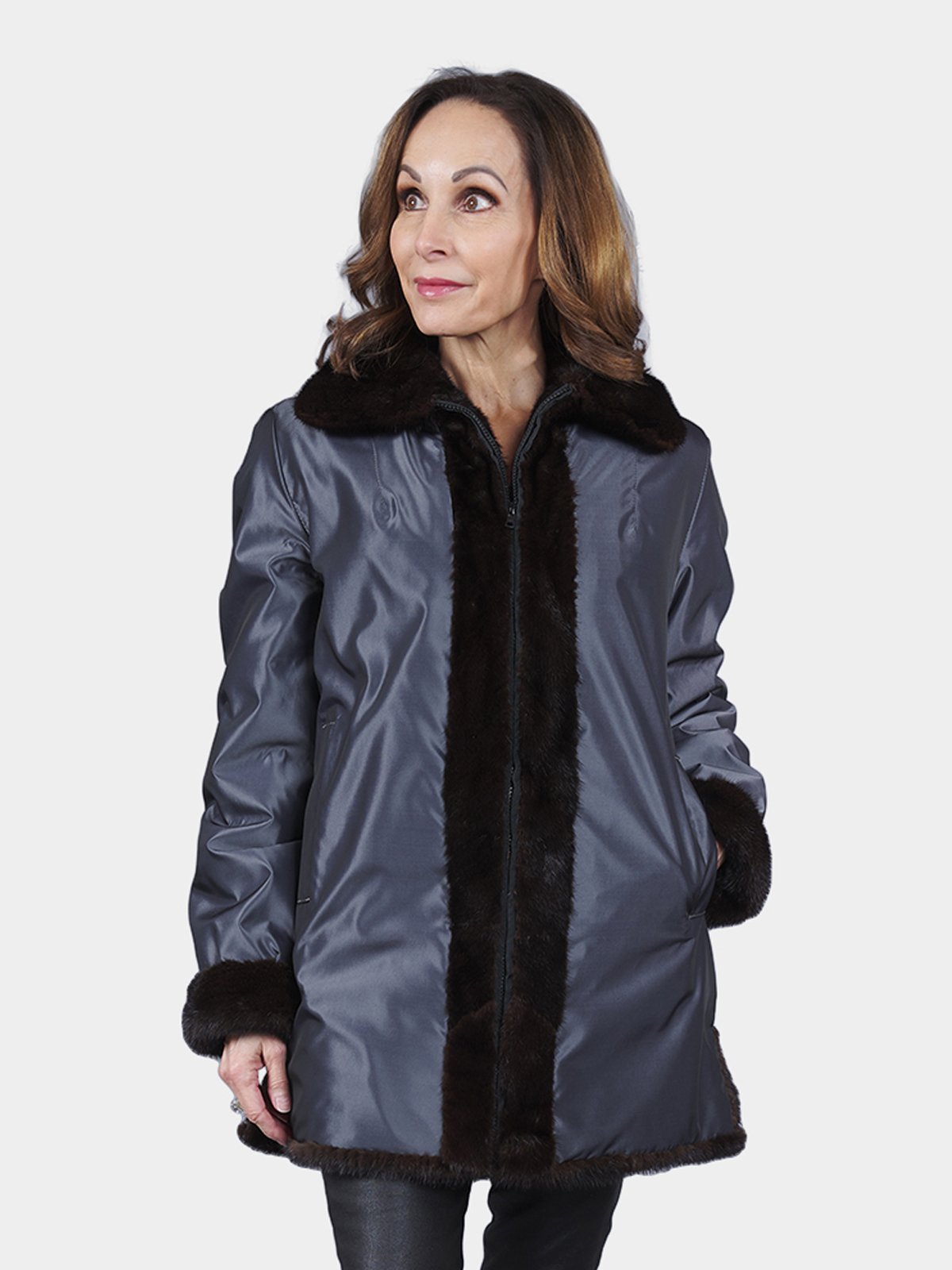 Woman's Silver Grey Rain Fabric Stroller with Mink Fur Lining