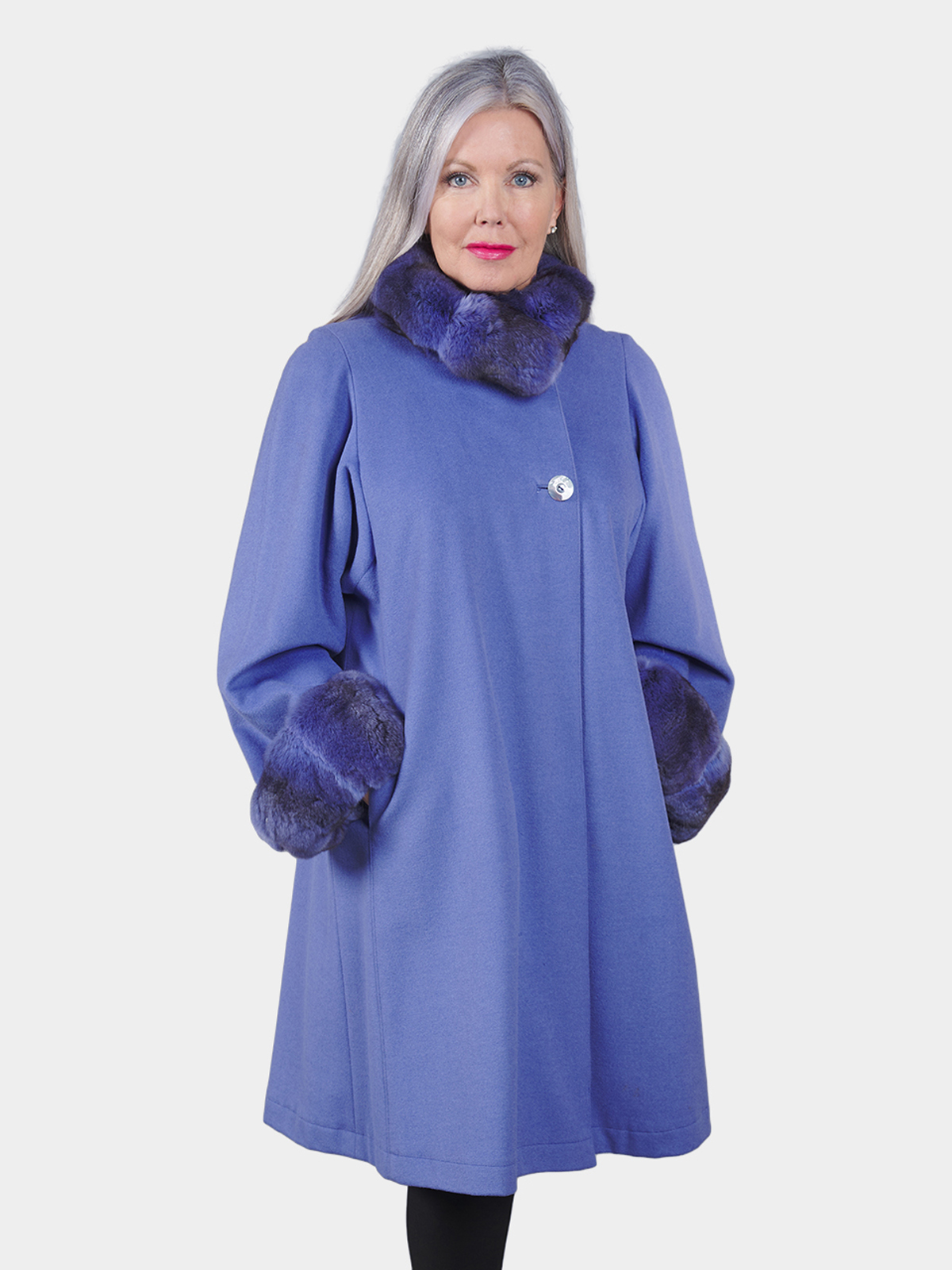 Woman's Periwinkle Cashmere Swing Coat with Chinchilla Trim