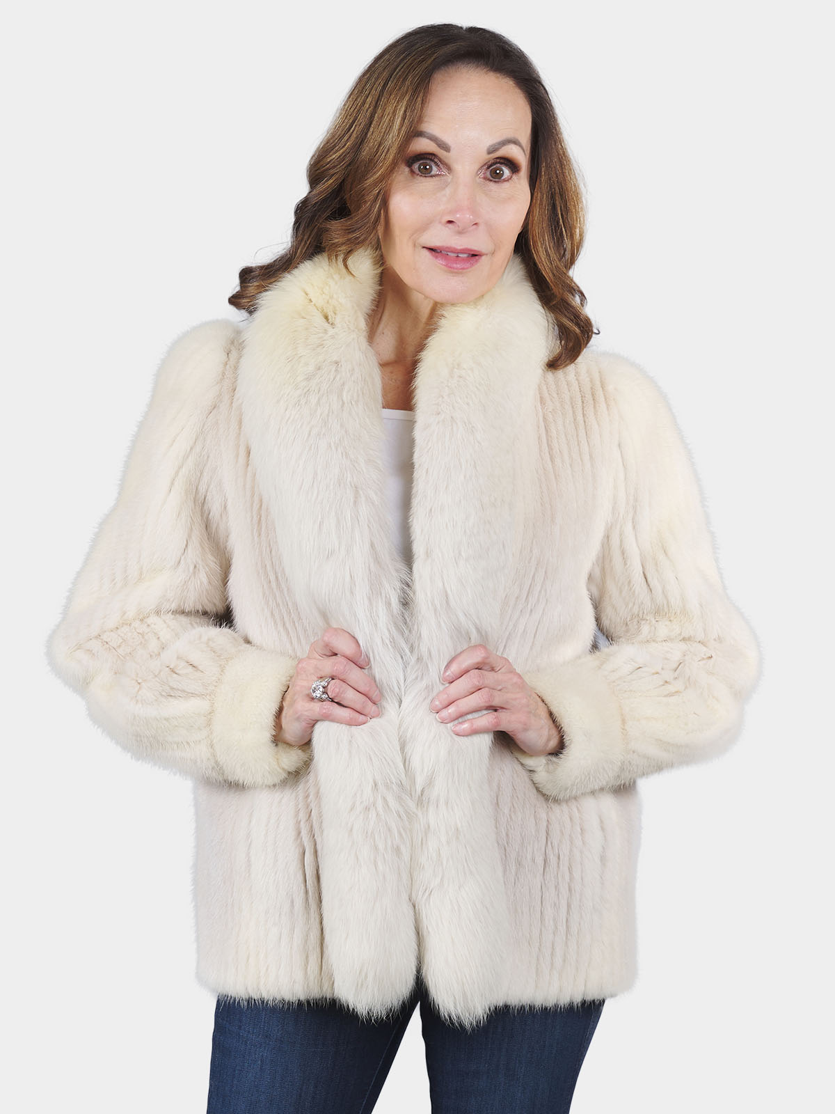 Woman's Tourmaline Cord Cut Mink Fur Jacket with Fox Front