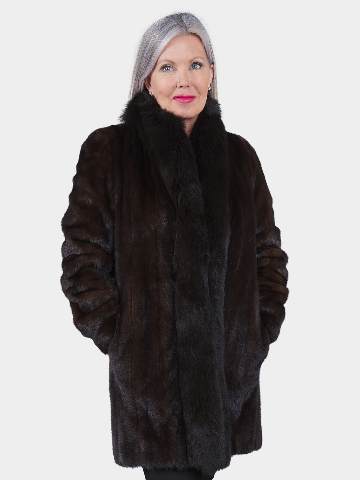 Woman's Deep Mahogany Female Mink Fur Stroller with Fox Tuxedo