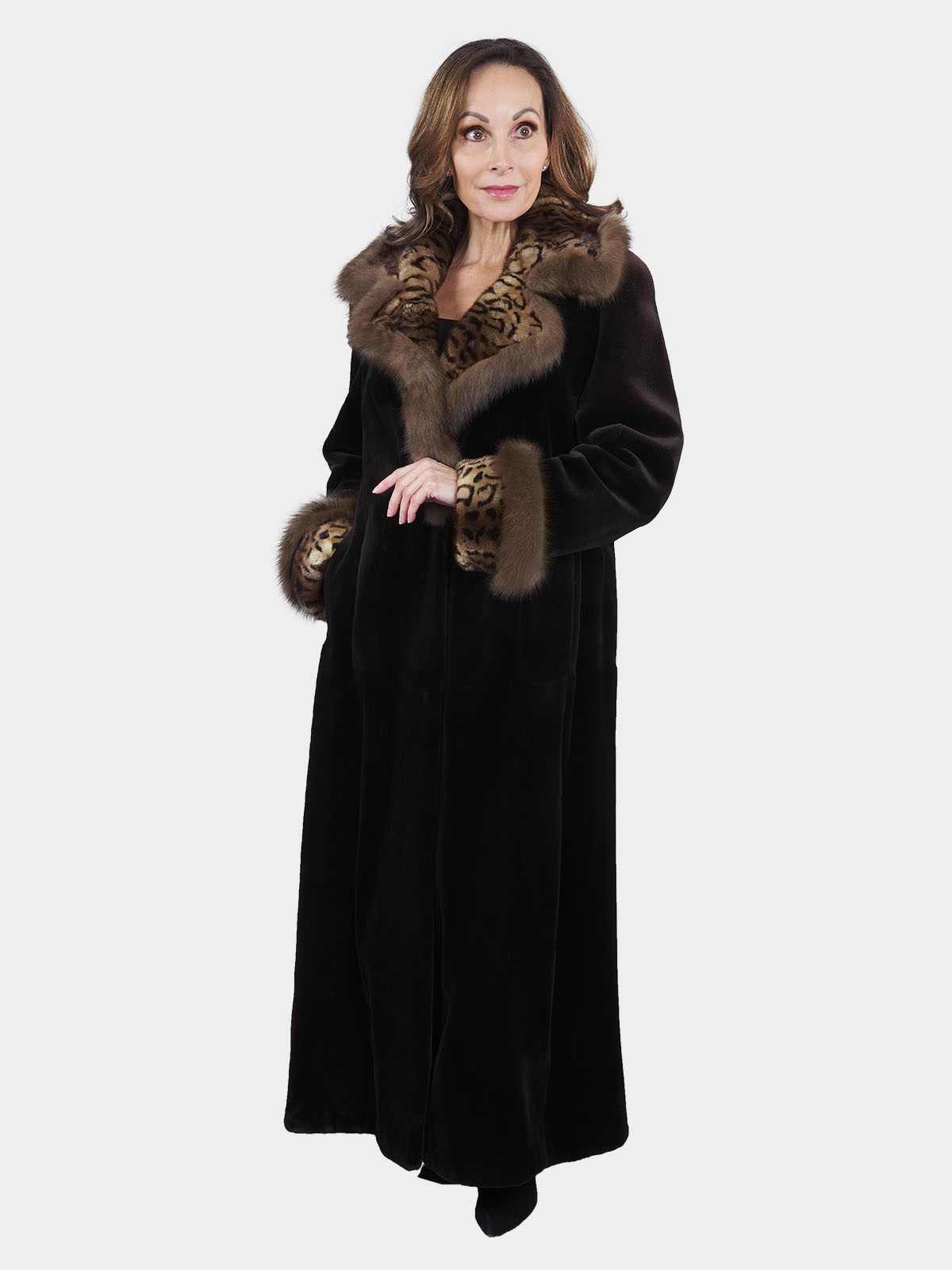 Woman's Black Sheared Mink Fur Coat with Animal Print Collar and  Cuffs and Sable Trim