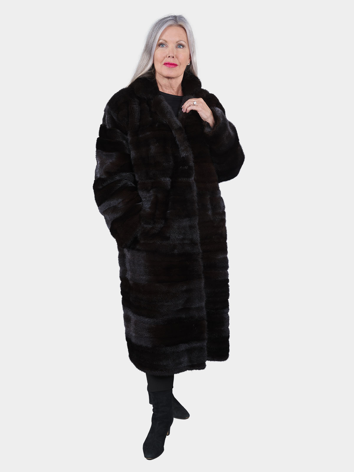 Woman's Plus Size Black Mink Fur Coat with Detachable Hood