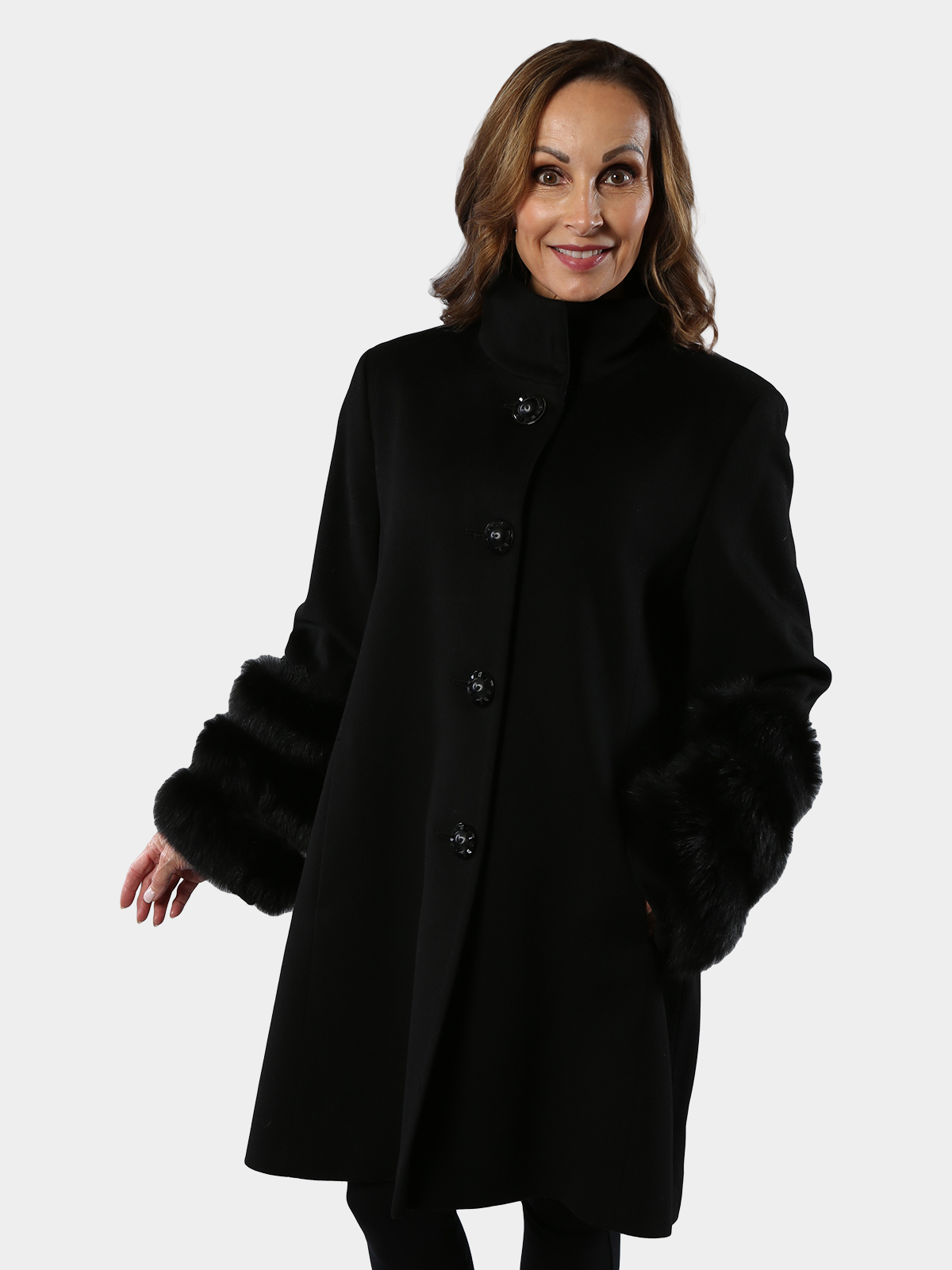 Woman's Black Lora Piana Wool Coat with Fox Trim