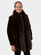 Woman's Cognac Sheared Beaver Fur Jacket with Fox Tuxedo Front Reversing to Leather
