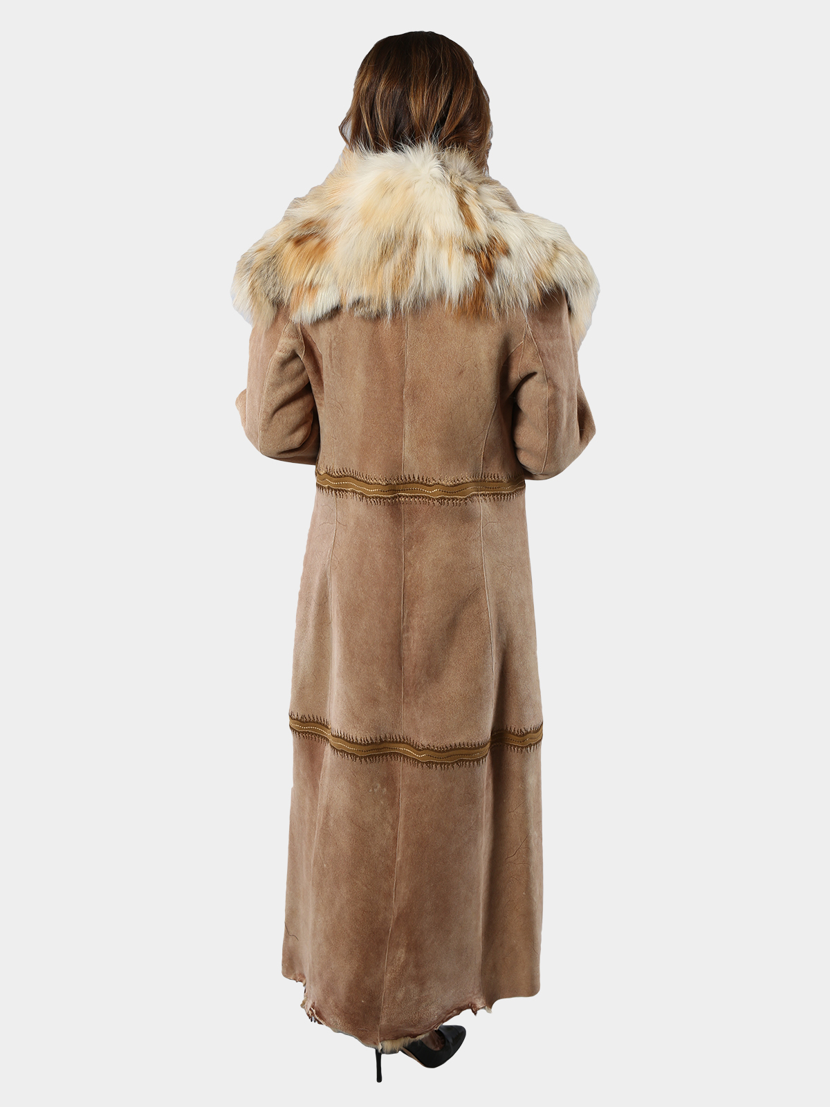 Beige Shearling Lamb Coat with Fox Trim (Women's Small) - Estate Furs
