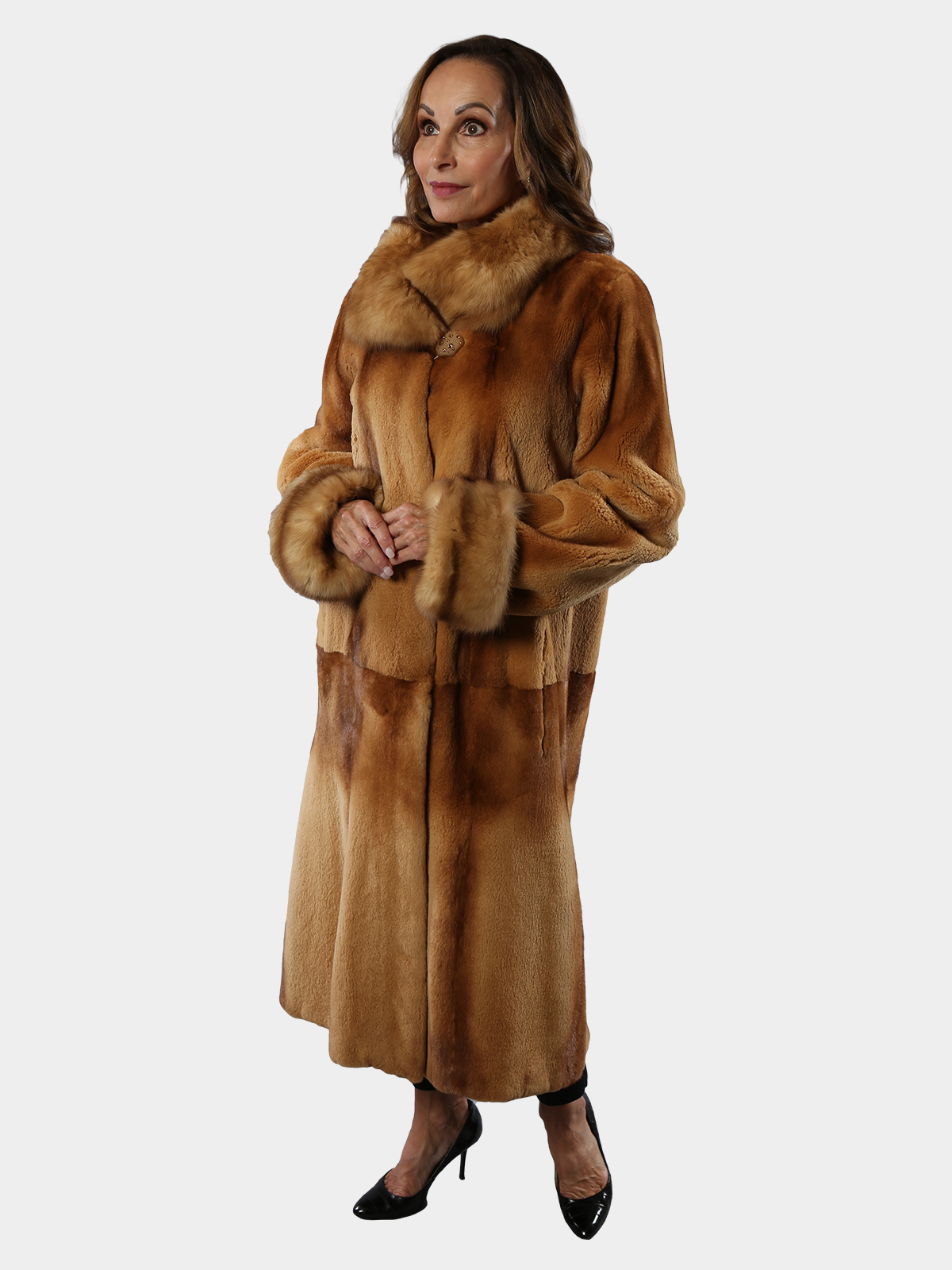 Woman's Whiskey Semi Sheared Mink Fur 7/8 Coat with Sable Trim