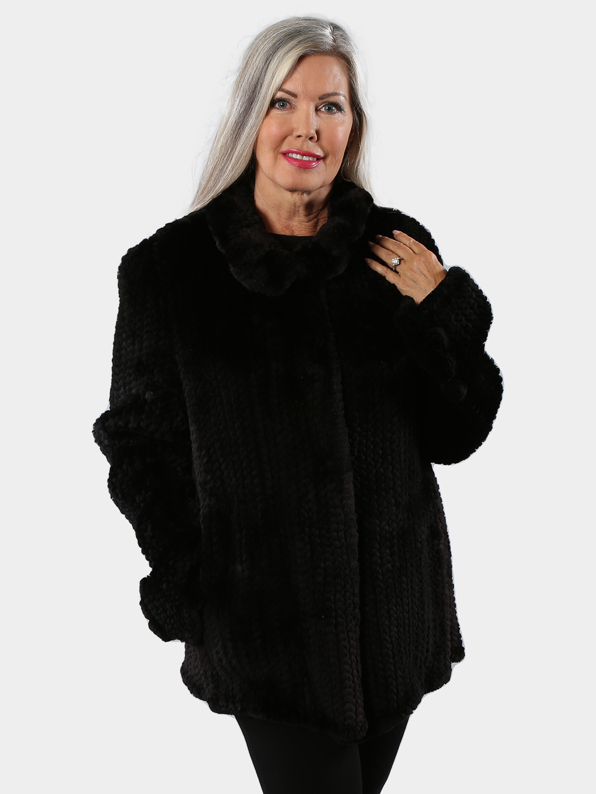 Woman's Black Knit Rex Rabbit Fur Jacket