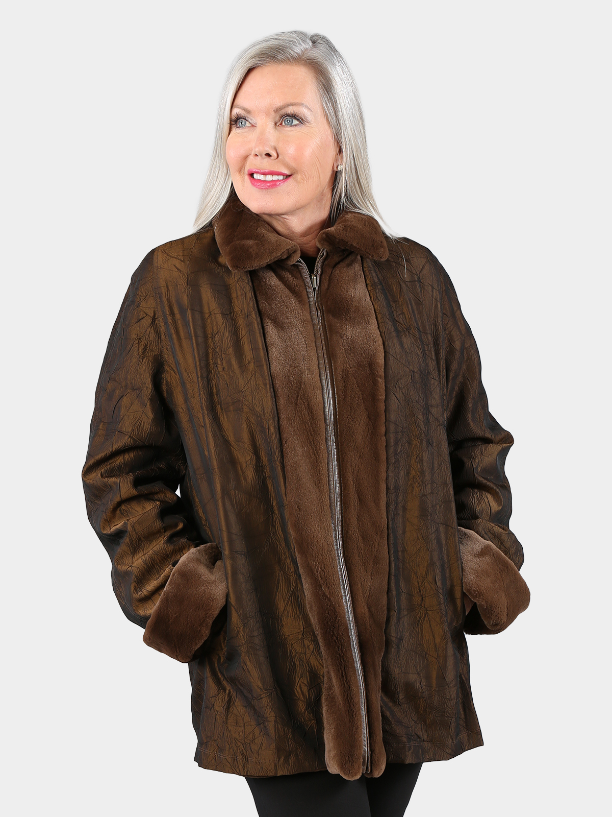 Woman's Brown Sheared Mink Fur Jacket Reversing to Rain Taffeta