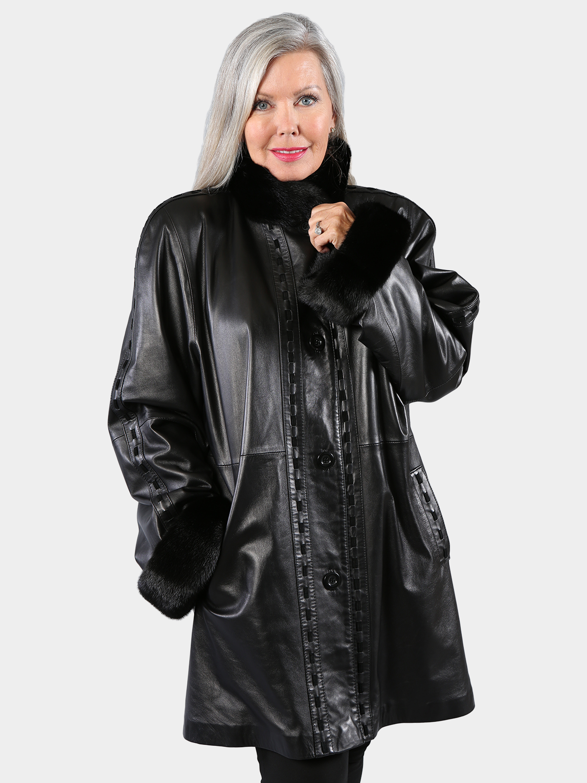 Woman's Black Lambskin Leather Stroller with Mink Trim