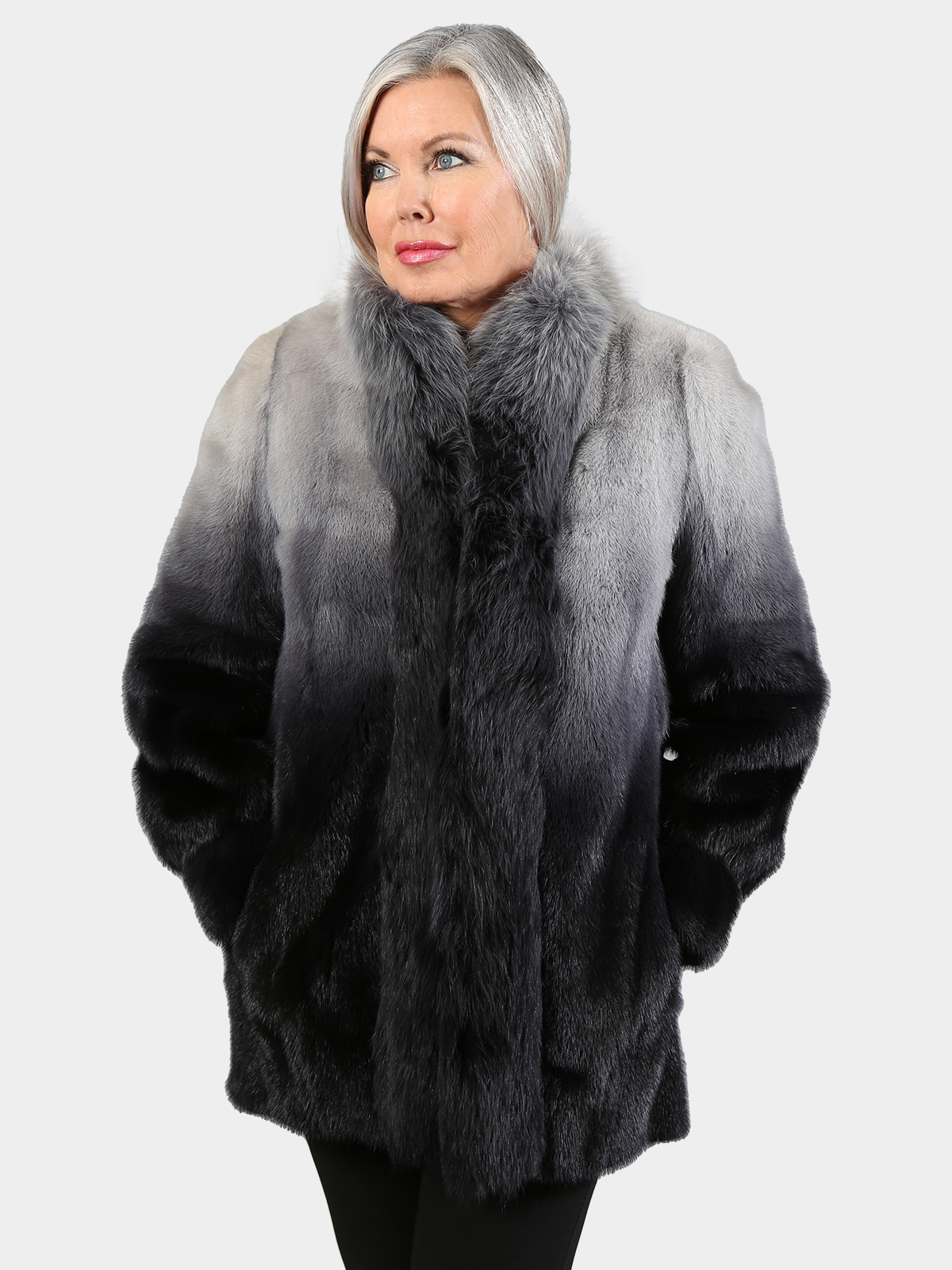 Woman's Grey to Navy Degradé Mink Fur Jacket with Fox Tuxedo Front