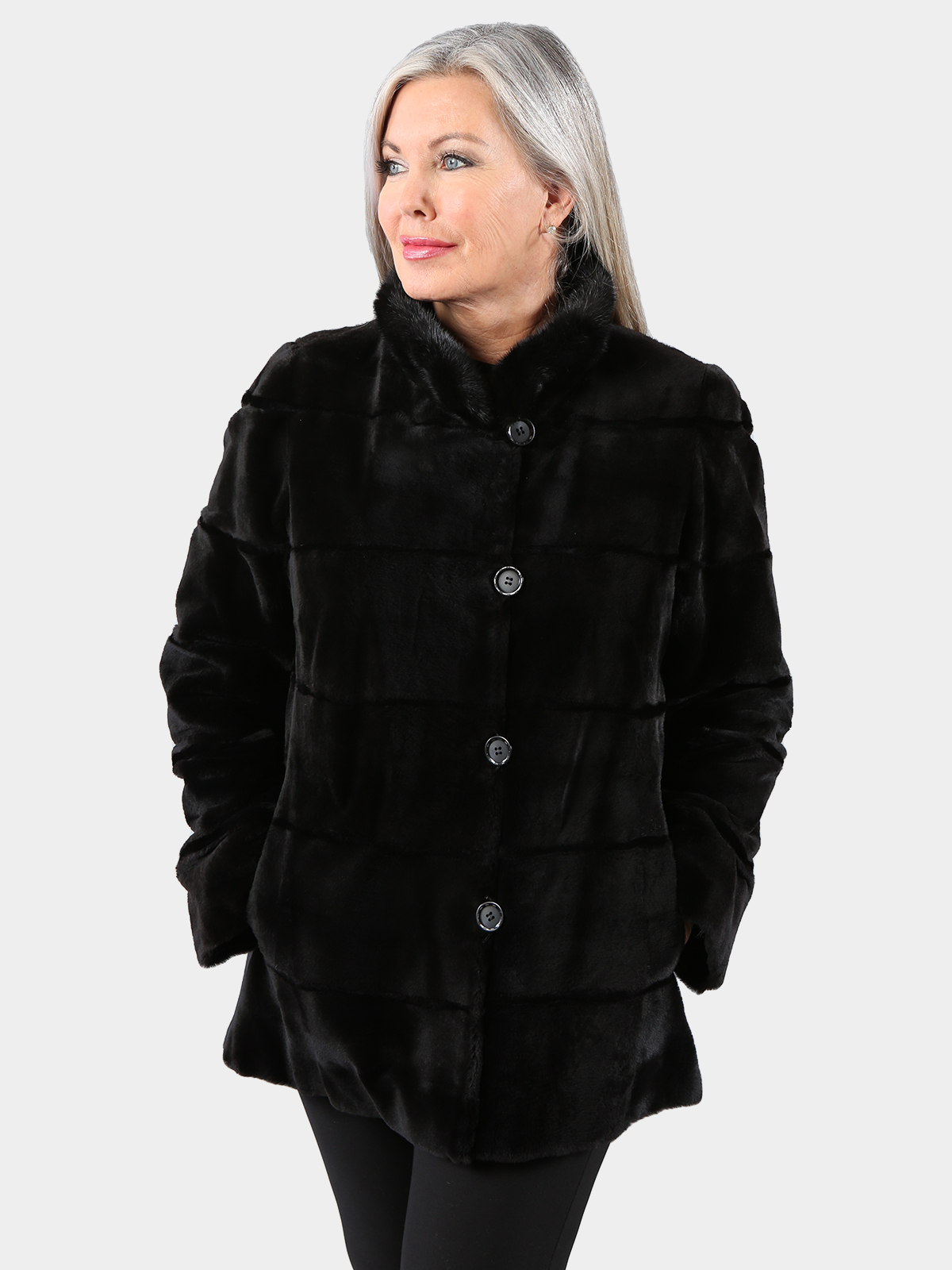 Woman's Black Sheared Mink Fur Jacket Reversing to Rain Taffeta