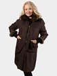 Woman's Brown Sheared Mink Fur 7/8 Coat with Sable Collar and Cuffs Reversing to Rain Taffeta