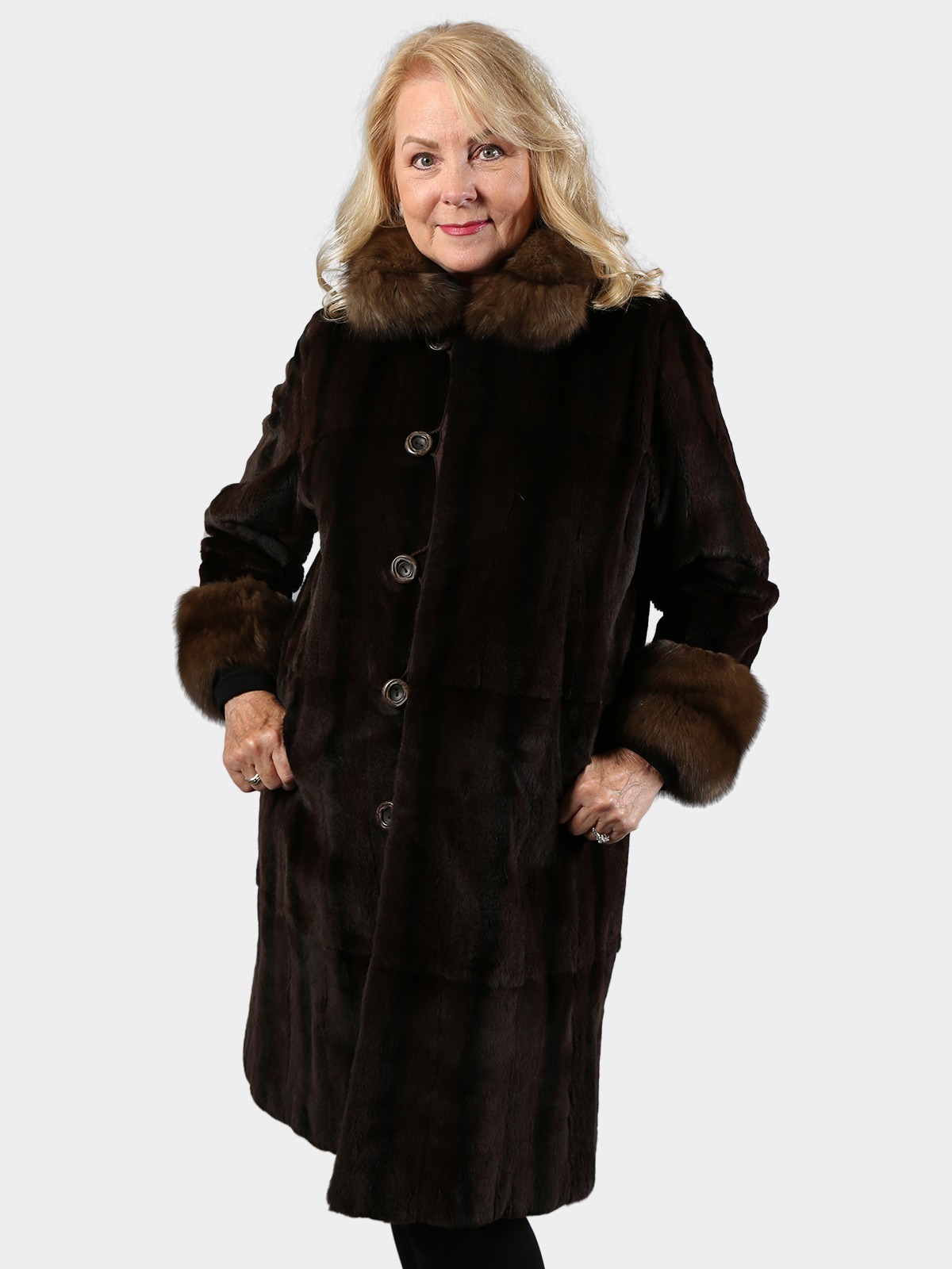 Woman's Brown Sheared Mink Fur 7/8 Coat with Sable Collar and Cuffs Reversing to Rain Taffeta