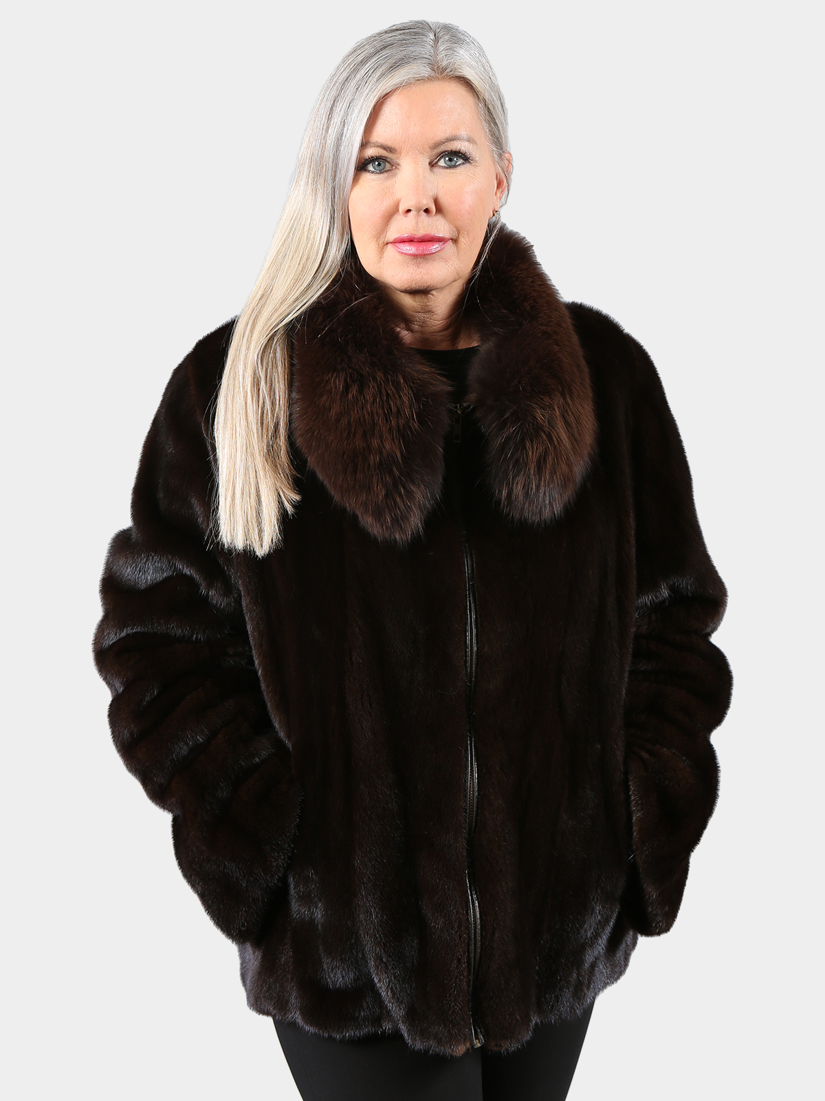 Woman's Mahogany Mink Fur Jacket with Dyed Fox Collar