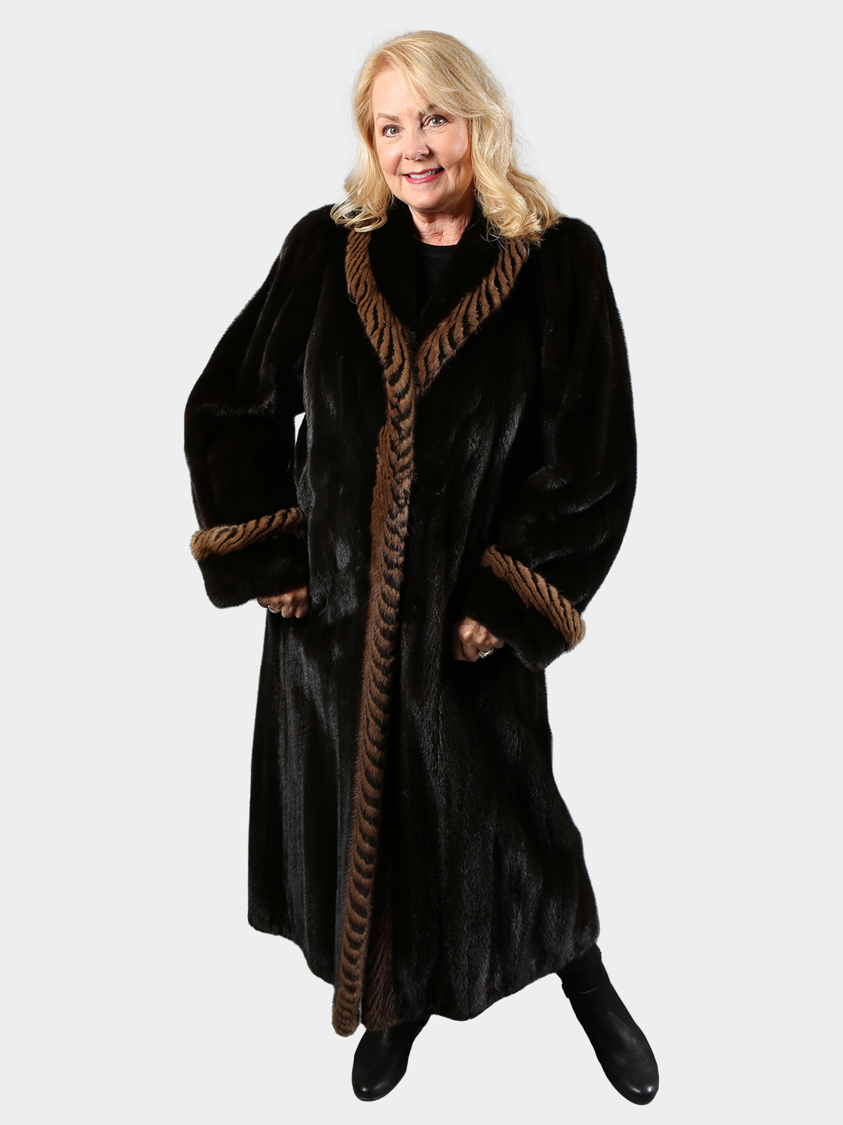 Woman's Deepest Mahogany Mink Fur Coat with Two Tone Mink Trim