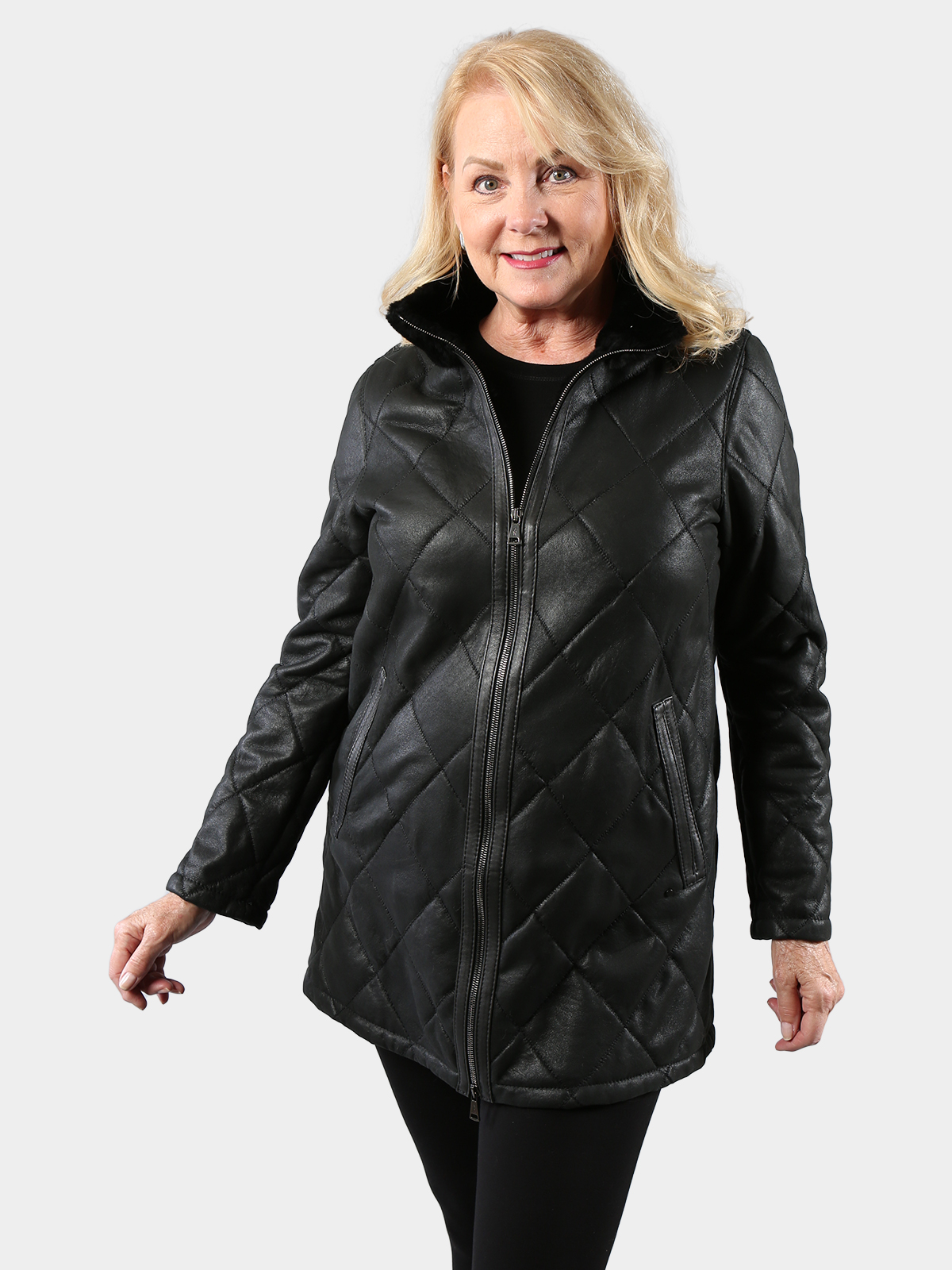 Women's Christ Black Quilted Shearling Lamb Fur Jacket - Estate Furs