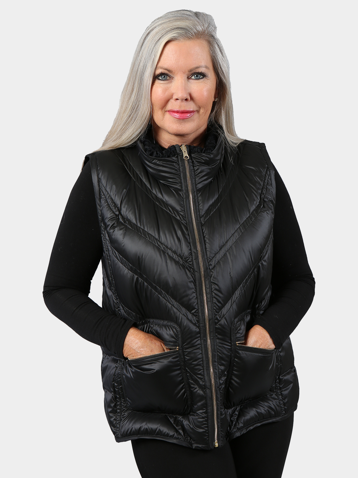 Woman's Black Persian Lamb Fur Vest Reversing to Black Quilted Rain Taffeta