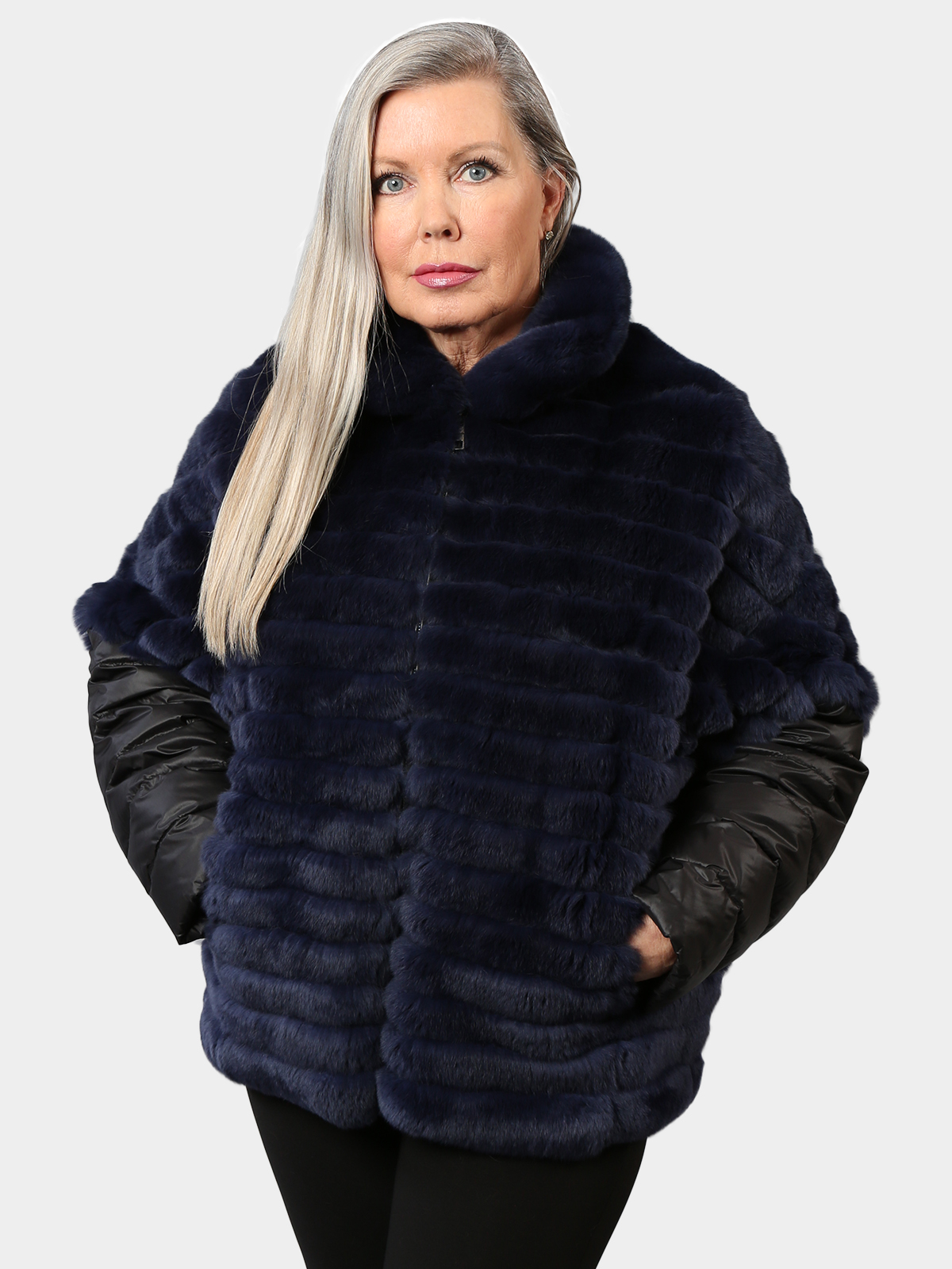 Woman's Navy Rex Rabbit Fur and Fabric Jacket Converting to Vest