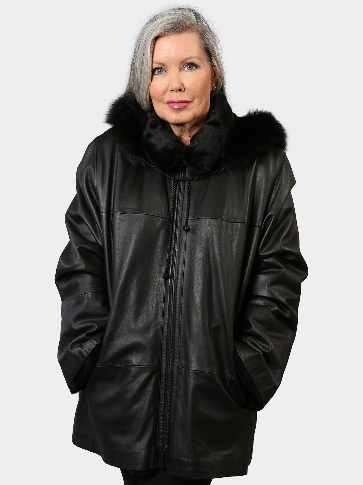 Woman's Black Sheared Mink Fur Stroller Reversing to Leather with Hood