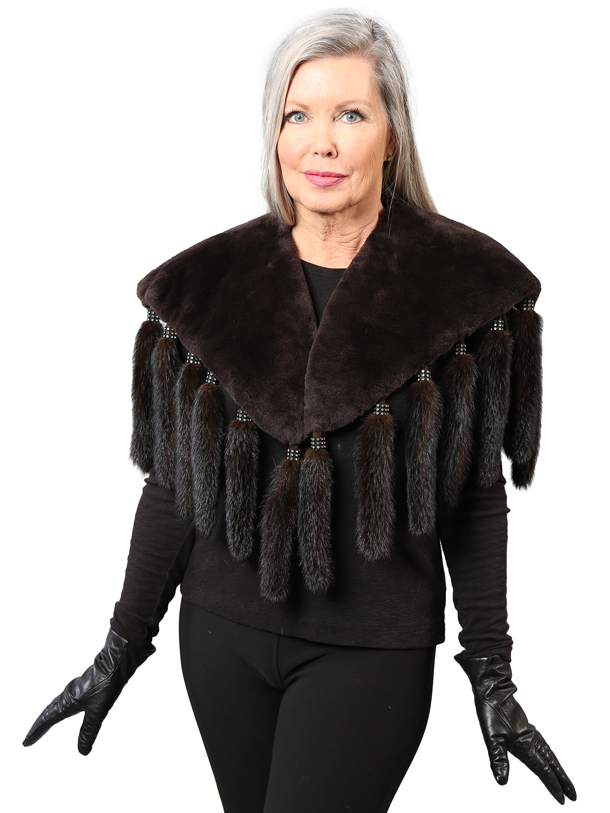 Woman's Black Sheared Beaver Collar / Wrap with Mink Tails