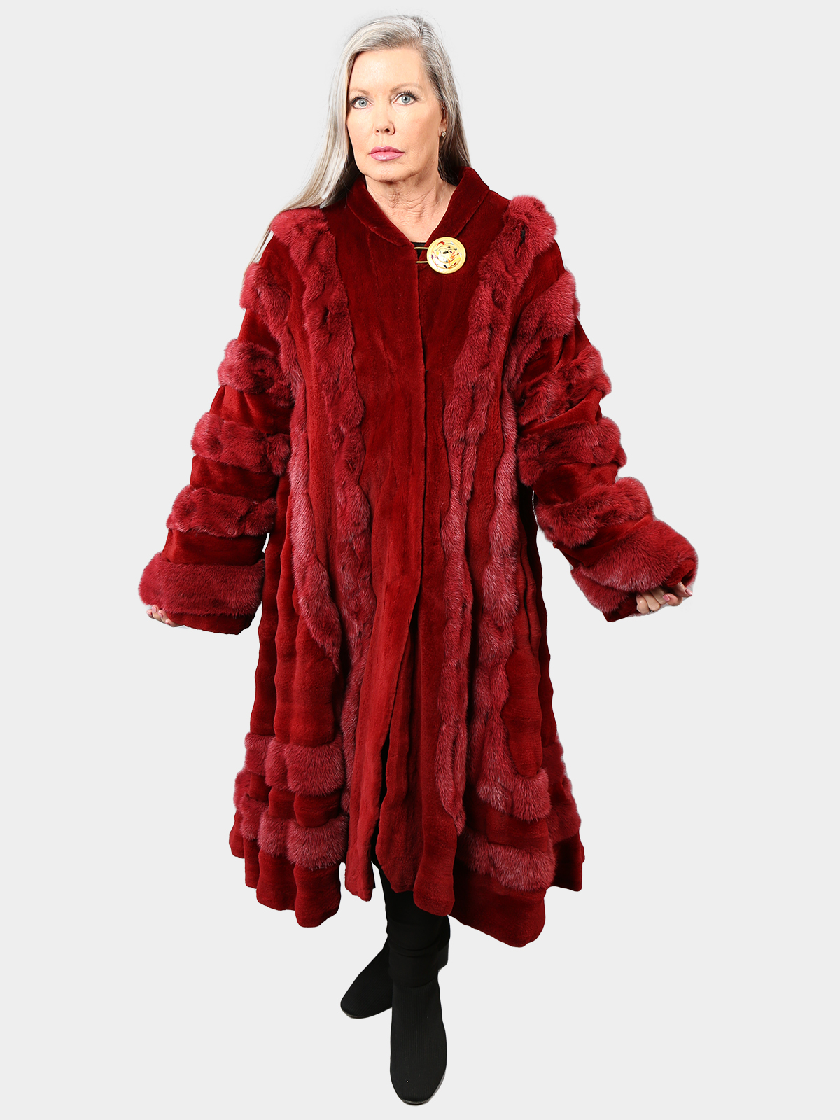 Woman's Zuki Red Sheared Mink Fur Coat with Traditional Mink Trim