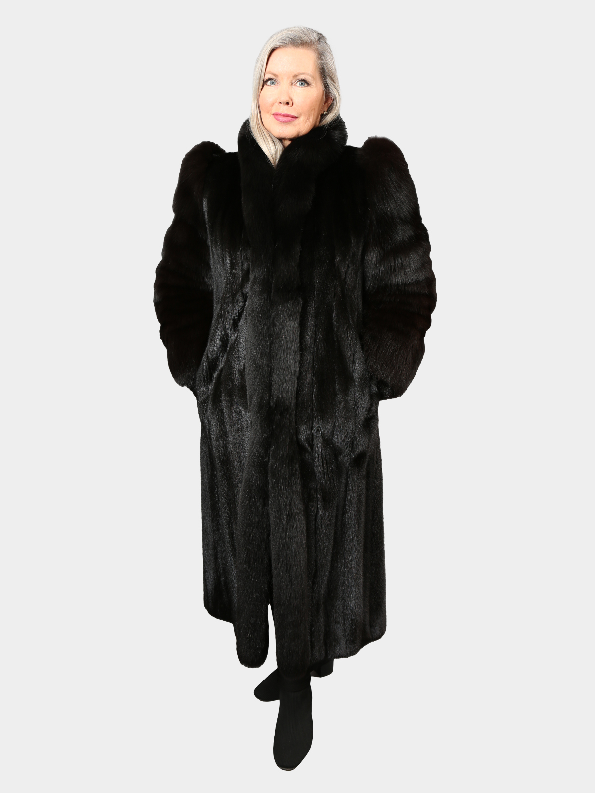 Woman's Ranch Mink Fur Coat with Black Fox Tuxedo Front and Sleeves