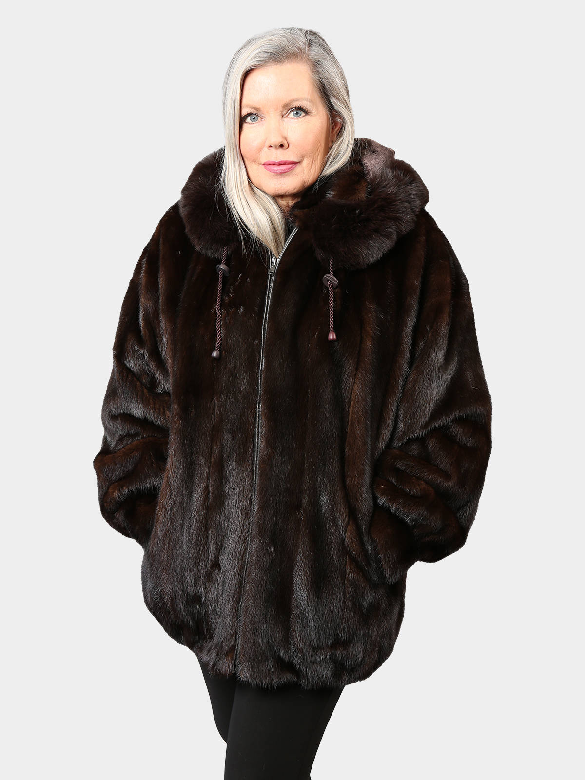 Woman's Mahogany Female Mink Fur Jacket with Detachable Hood