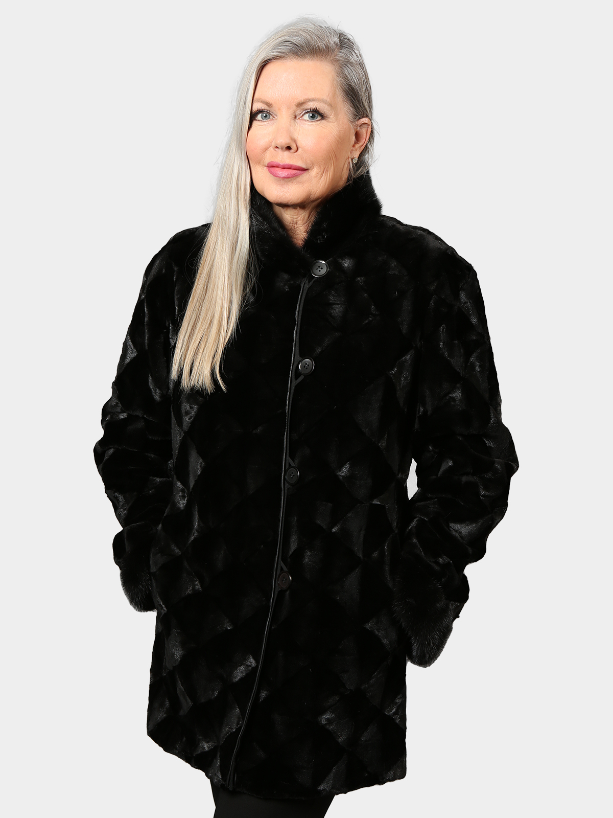 Woman's Black Semi Sheared Sculptured Mink Fur Jacket Reversible to Rain Taffeta