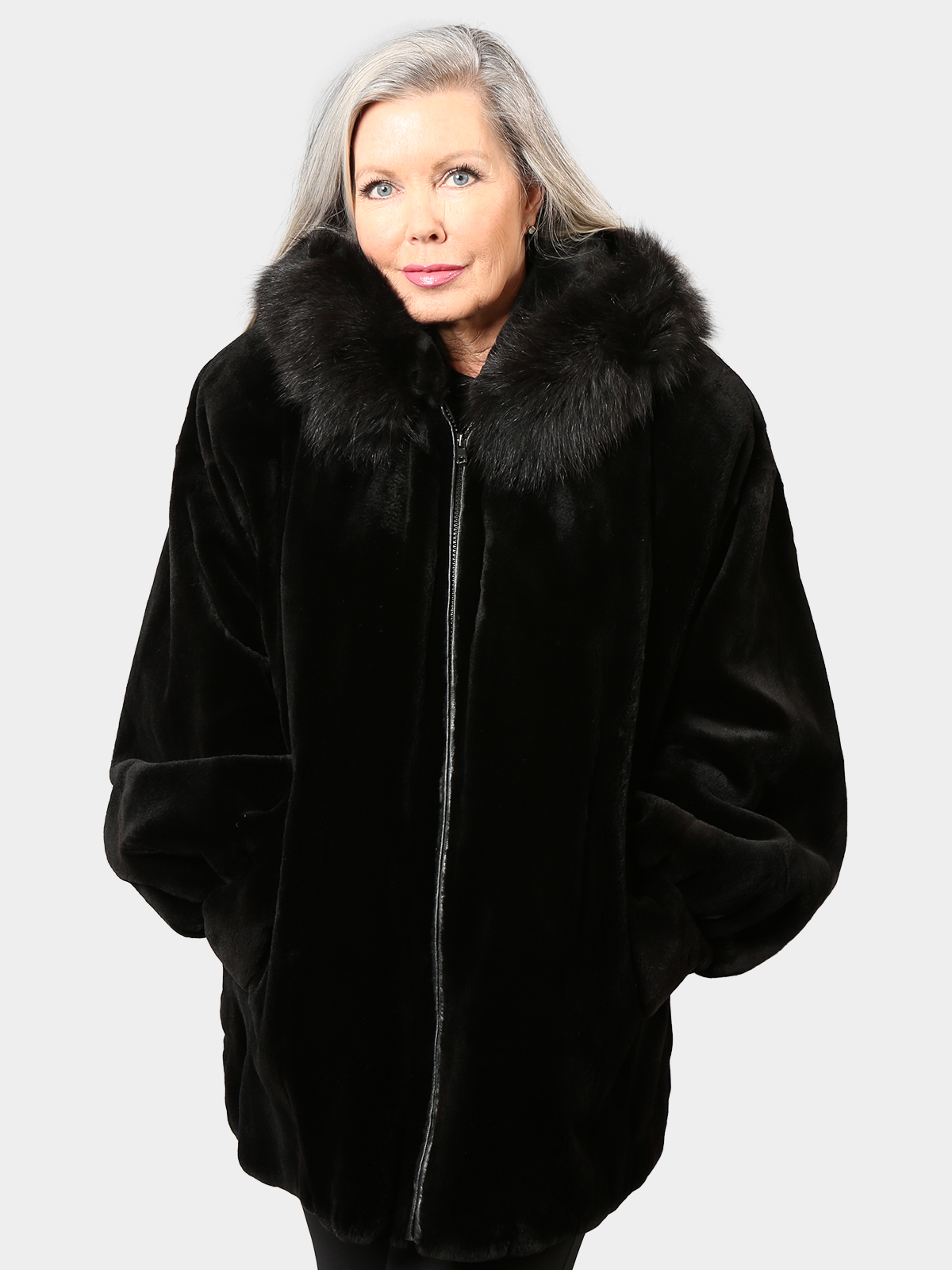 Woman's Plus Size Black Sheared Mink Fur Jacket with Detachable Fox Trimmed Hood