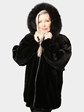 Woman's Plus Size Black Sheared Mink Fur Jacket with Detachable Fox Trimmed Hood