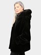 Woman's Plus Size Black Sheared Mink Fur Jacket with Detachable Fox Trimmed Hood