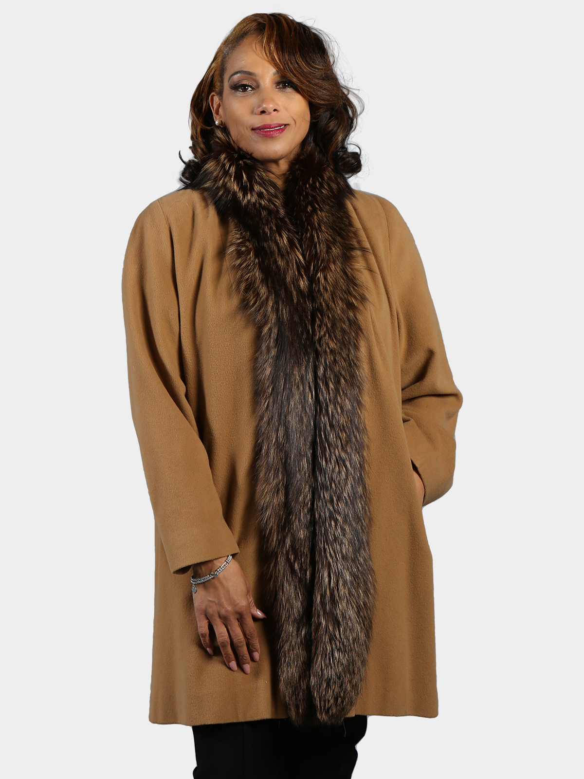 Woman's Camel Wool and Cashmere Blend 3/4 Coat with Dyed Silver Fox Fur Tuxedo