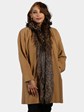 Woman's Camel Wool and Cashmere Blend 3/4 Coat with Dyed Silver Fox Fur Tuxedo