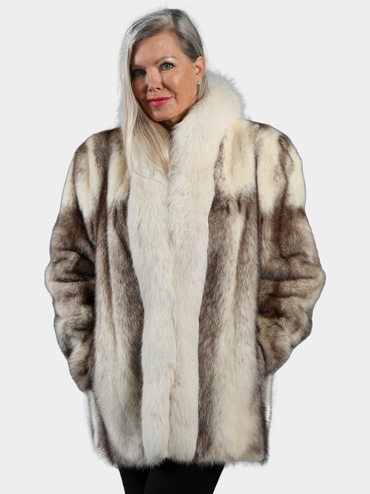 Woman's Brown Cross Mink Fur Jacket with Shadow Fox Tuxedo Front