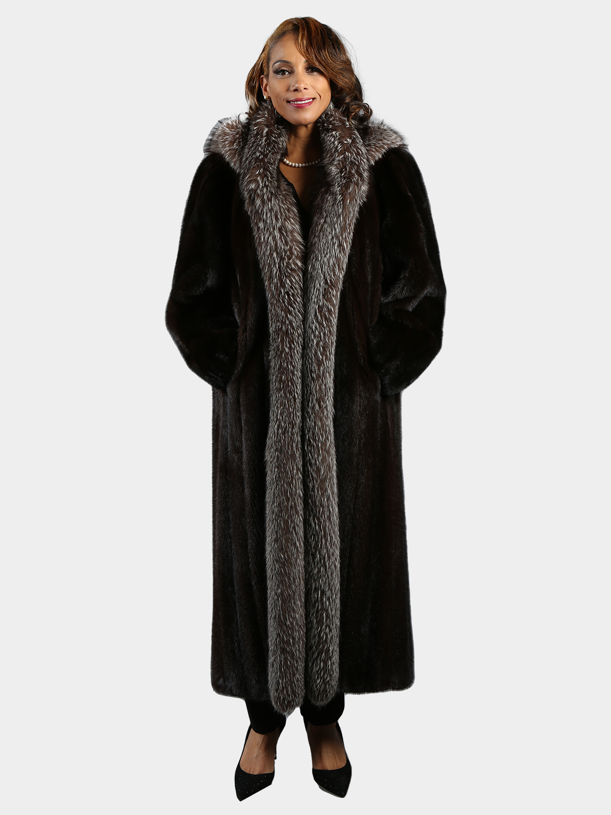 Woman's Deep Mahogany Mink Fur Coat with Indigo Fox Tuxedo Front Detachable Hood
