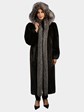 Woman's Deep Mahogany Mink Fur Coat with Indigo Fox Tuxedo Front Detachable Hood