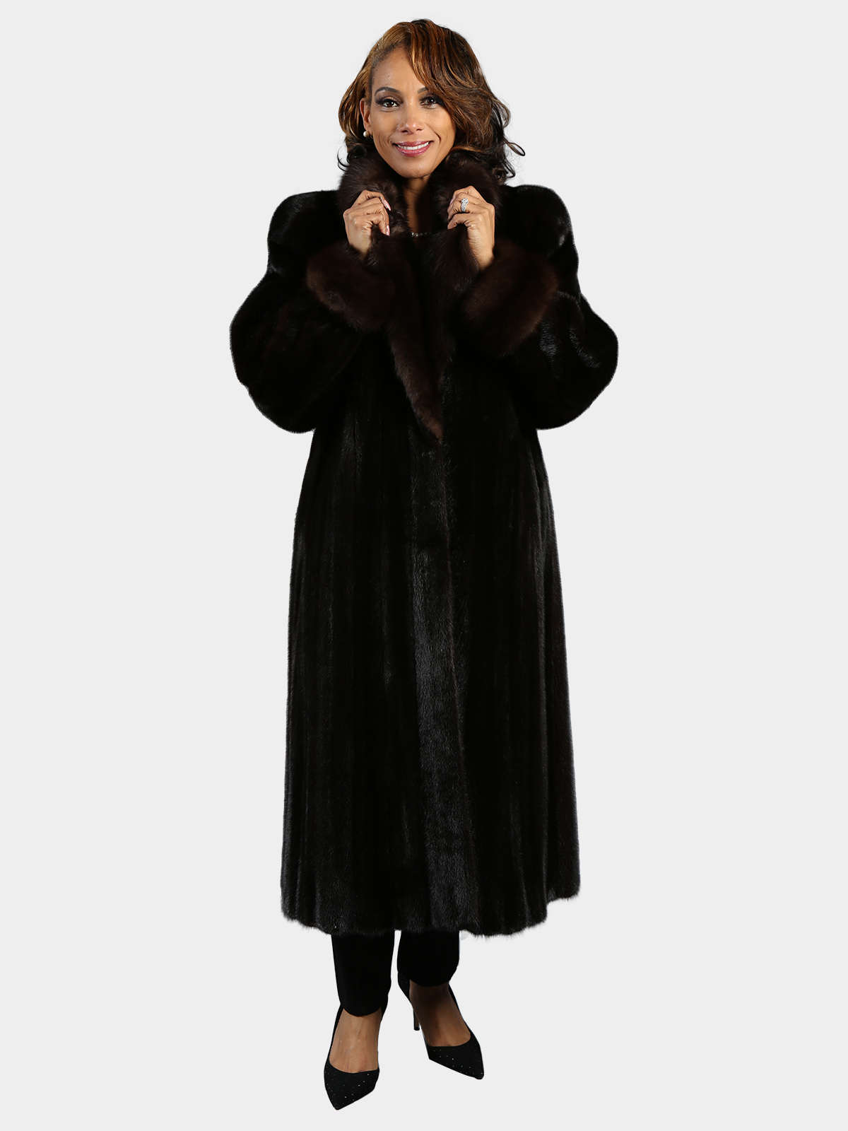 Woman's Ranch Female Mink Fur Coat with Sable Collar and Cuffs