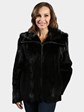 Woman's Black Semi Sheared Mink Fur Parka with Double Fur Hood