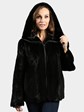 Woman's Black Semi Sheared Mink Fur Parka with Double Fur Hood