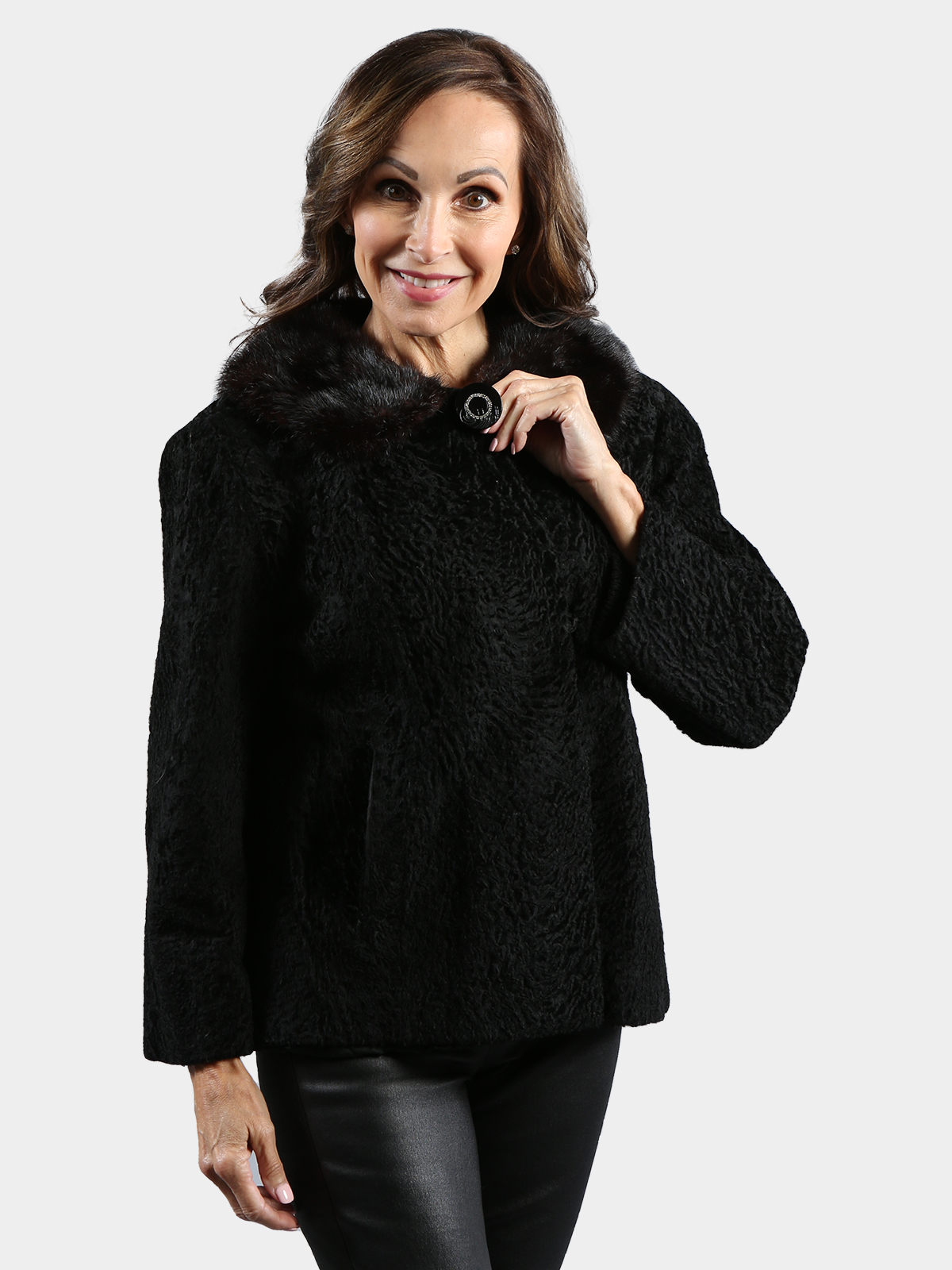 Woman's Vintage Black Broadtail Lamb Fur Jacket with Mink Collar