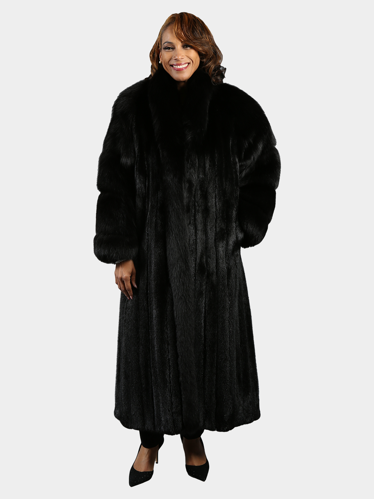 Woman's Ranch Mink Fur Coat with Black Fox Sleeves and Tuxedo Front