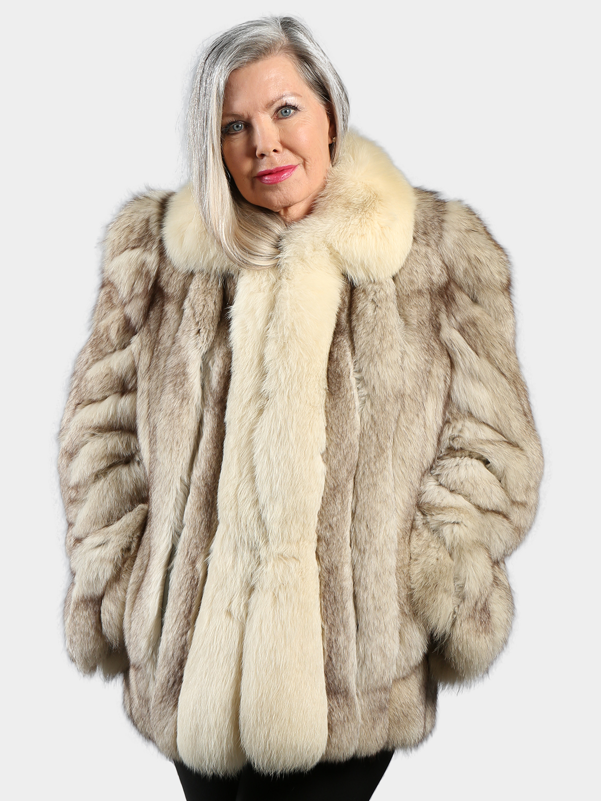 Woman's Blue Fox Fur Jacket with Shadow Fox Front and Collar