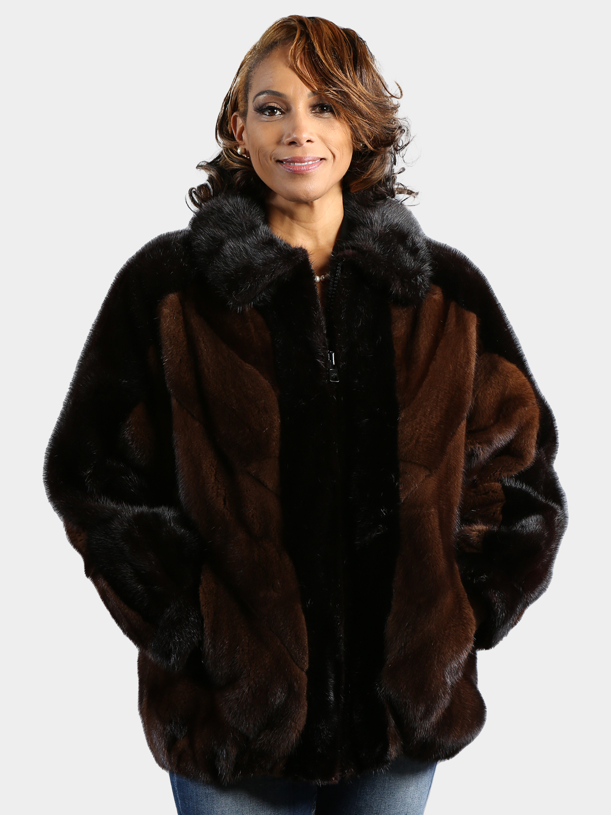 Woman's Plus Size Mahogany and Ranch Mink Fur Bomber Jacket