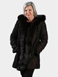 Woman's Dark Mahogany Sculptured Mink Fur Stroller with Hood Reverses to Bronze Rain Taffeta