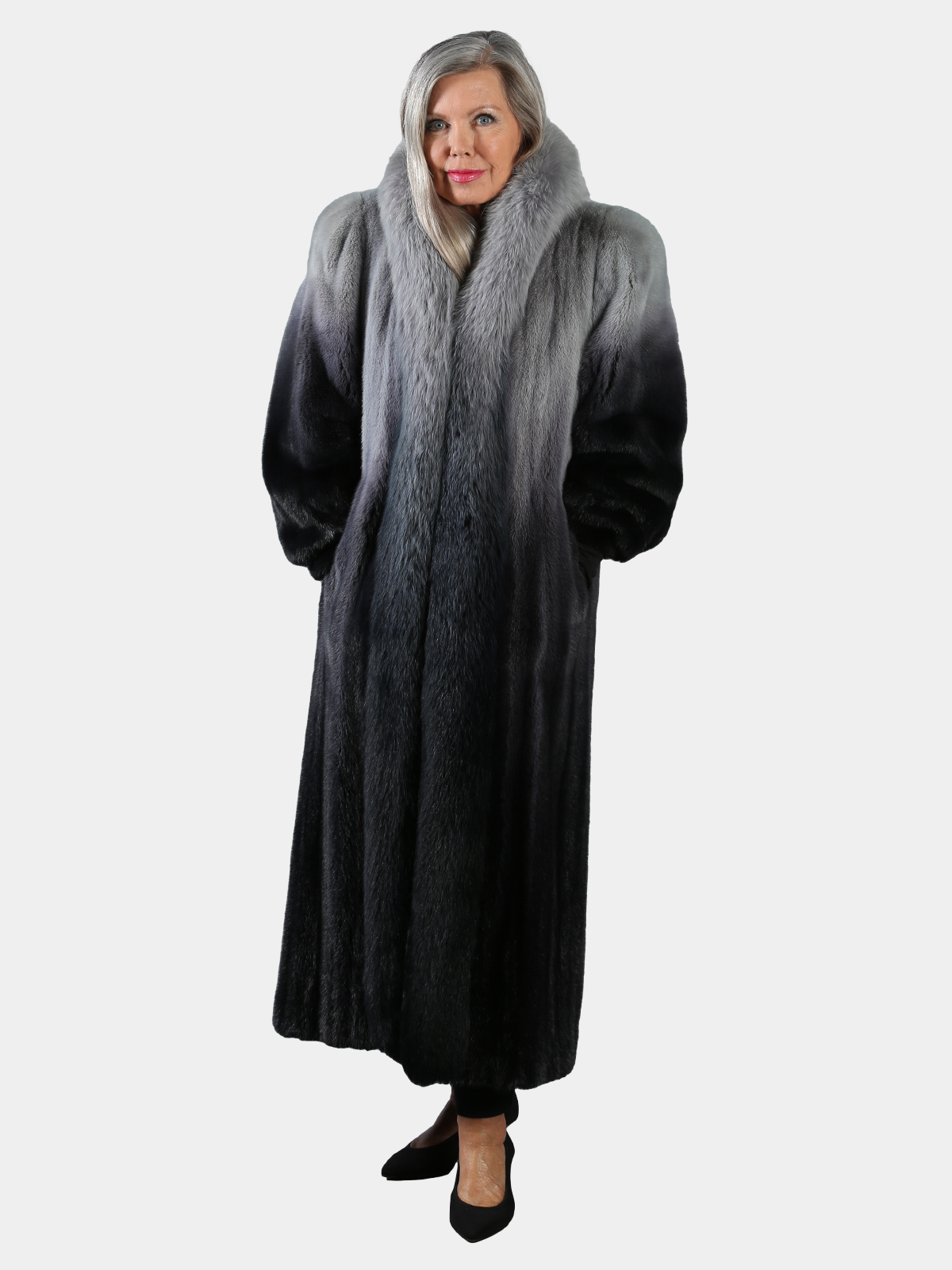 Woman's Black Grey Degrade Female Mink Fur Coat with Fox Tuxedo