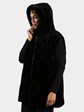 Woman's Plus Size Black Sheared Mink Fur Vest with Fox Trimmed Hood Reversible to Rain Taffeta